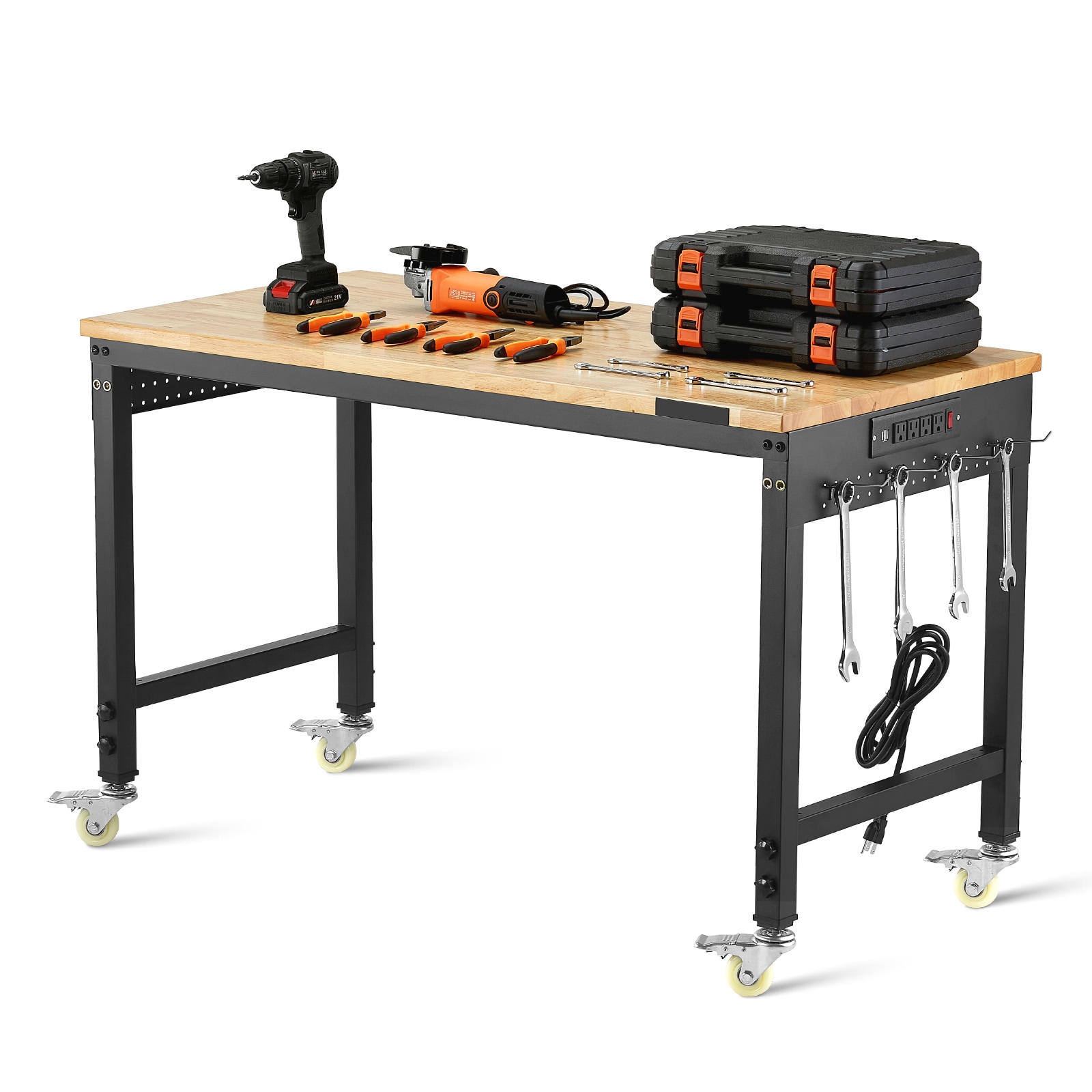 48" Workbench On Wheels Adjustable Height Table With Power Outlet & Pegboard_voghion.com
